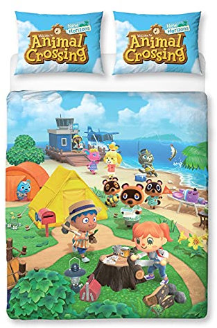 Animal Crossing Offizieller Doppel-Bettbezug | wendbares zweiseitiges Strand-Design | Polycotton Fun Bettwäsche mit passendem Kissenbezug, Mehrfarbig, 200 x 135 cm (Doppelbett)