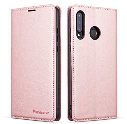 QLTYPRI Hülle für Huawei P30 Lite, Premium Dünne Ledertasche Handyhülle mit Kartenfach Ständer Flip Schutzhülle Kompatibel mit Huawei P30 Lite - Rosegold