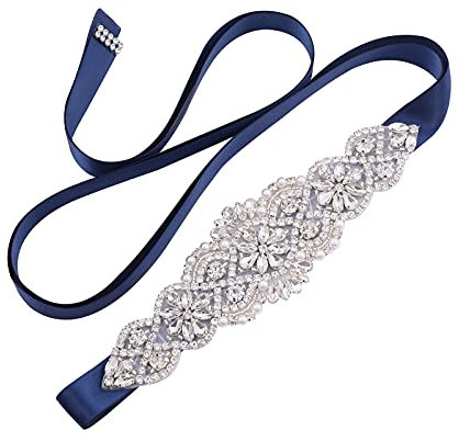 WEZTEZ Cintura da sposa con perle e nastro di raso, realizzata a mano, sottile, per abiti da sera formali, Argento-blu navy, taglia unica