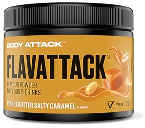 Body Attack Flavattack Peanut Butter Salty Caramel - 250 g, nur 5 kcal/Portion - Intensives Flavour Pulver für Müsli, Rice Pudding, Haferflocken, Drinks, Geschmackspulver ohne Palmöl, Aspartam, Gluten