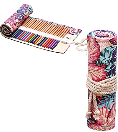 HICAS Aufbewahrungstasche zum Aufrollen von Bleistiften, Federmäppchen 24/36/48/72 Löcher für Buntstifte, Rollmäppchen aus Leinen zum Skizzieren, Zeichnen, Schreiben, Ahornblatt, 36 Fori, Lässig