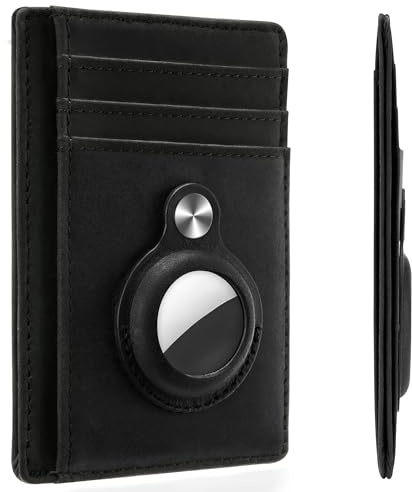 Hawanik Portefeuille fin minimaliste avec poche avant intégrée pour AirTag, Cuir véritable - Noir, medium, Classique