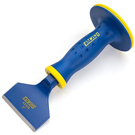 Estwing 3-inch Wide Hex Shaft Masonry Chisel with Protective Hand Grip Guard, Scores and Shapes Stone, Concrete, and Brick