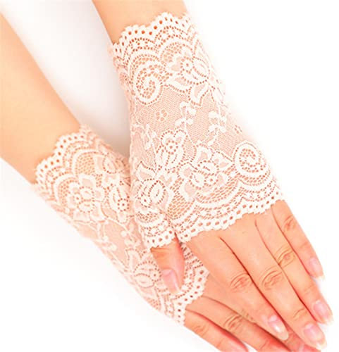 MoreChioce Damen Fingerlose Spitzen Handschuhe, 1 paar Elegant Blume Muster Fingerlos Spitze Handschuhe Half Finger Netzhandschuhe UV Schutz Fingerhandschuhe Brauthandschuh,Beige Lang