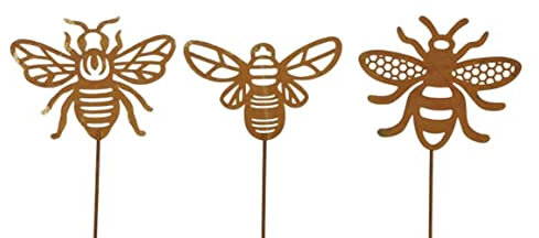 Blumenstecker Biene im Rost Design, 3er Set - Rostfigur für den Garten, Gartendeko, Gartenstecker