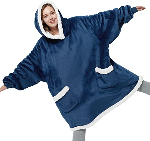 BEDSURE Hoodie Decke mit Ärmeln und Kapuze - Kuscheldecke mit Ärmeln Sherpa Kuschelpullover Damen als Geschenke für Frauen, Blau, 95x83cm