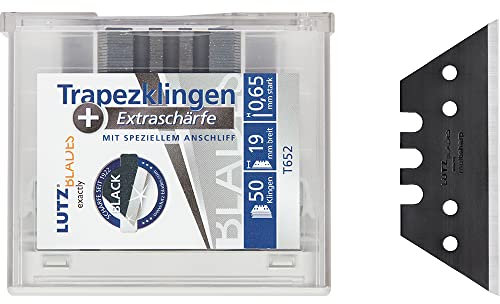 LUTZ BLADES Profi Trapezklingen extra scharf | 50 Stk. | 0,65mm | Schwarze Karbonstahl Klingen von LUTZ in Solingen | Extrem scharfe Teppichmesser Klingen | Cutter Ersatzklingen für Böden, Tapeten