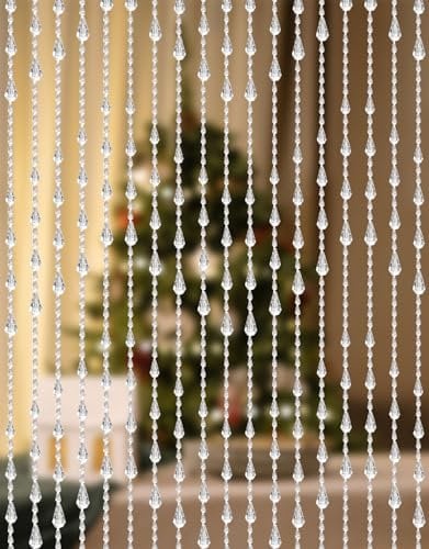 GeeComfy Crystal Beaded Curtain 35.5 x 79 Inches 45 Strands Acrylic Hanging Door Beads String Curtain Room Divider for Doorway Window Living Room Bedroom Decor, Wave Pattern - White