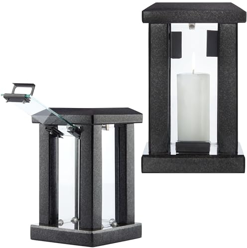Large Granite Candle Lantern – H 22.6 (32cm) Highly Polished Black Stone - Heavy & Elegant Indoor or Outdoor Lantern, Versatile Use for Garden, Terrace, or Home - Square Modern Design