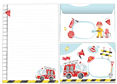 Briefpapier-Set Briefblock mit Umschlag für Kinder Feuerwehrauto Feuerwehr Kindermotiv Jungen (Block A5 mit 25 Blätter + 15 Umschläge)