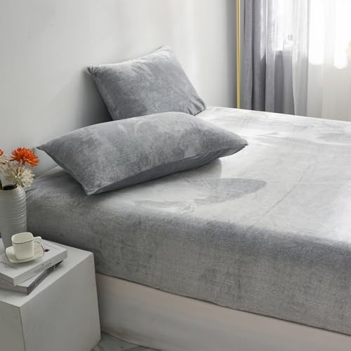 Luofanfei Plüsch Spannbettlaken 200x200 Flauschig Warm Hellgrau Graue Warm Winter Fleece Bettlaken Leintuch Boxspringbett Frottee Spannleintuch Doppelbett Uni Muster Bettspanntuch für Hohe Matratze