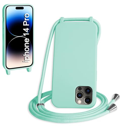 WenBaby Coque avec Cordon pour iPhone 14 Pro,Collier pour Étui bandoulière Colliers de cellulaire Mince Antichoc Réglable Lanyard Silicone Case,Vert Clair