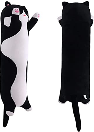 SNOWOLF Katze Weiche Kissen Plüsch Long Throw Schlafkissen Baumwolle Kätzchen Kissen Kuschelig Gefüllte Niedliche Plüschpuppe Spielzeug Stofftiere Plüschtier Geschenk (Schwarz, 110cm)