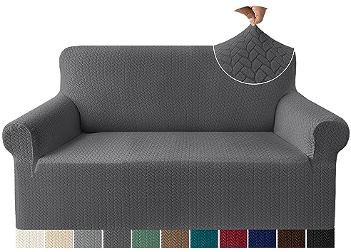 Granbest Prämie Mode Jacquard Sofabezüge 2-Sitzer, Anti-Falten Super Dehnen Loveseat Couchbezüge für 2-Kissen und rutschfeste Sofaschutz für Kinder und Haustiere (2-Sitzer,Grau)