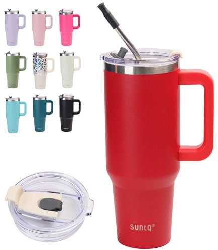 SUNTQ 30oz Mug Isotherme avec Paille et Poigné - Gobelet Paille de Bureau et Voiture en Acier inoxydable, Élégant et Durable - Gobelet Isotherme pour les boissons chaudes et froides(Rouge)