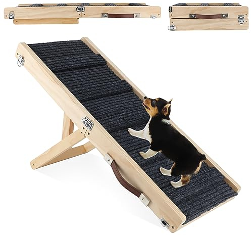 Sbayool Dog Ramp for Small Dogs and Older, Cat and Dog Steps 4 Height Adjustable 25CM 33CM 40CM 48CM with Non-Slip Foot Mat, Wooden Pet Ramp Foldable for Bed Or Sofa