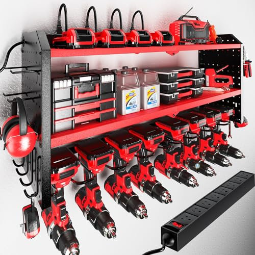 KAFAHOM Power Tool Organizer with Charging Station, Built in 8 Outlet Power Strip, Large 8 Drill Holder Wall Mount, Heavy Duty Metal Power Tool Storage Rack for Garage Organization Red,32inches