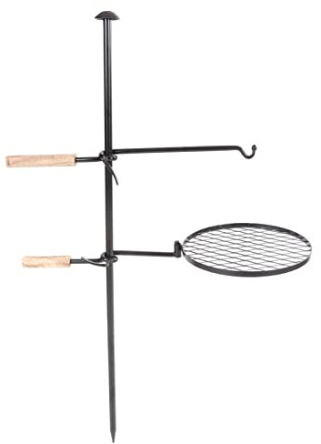 Otufan Support De Barbecue Pivotant, 121cm/47.6 en Fonte, Manche en Bois Assemblable, Filet De Gril Et Ensemble De Bras, étagère De Gril D'extérieur pour Le Camping