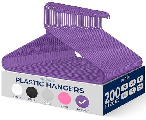 SereneLife Lila Kleiderhacken, Kleiderbügel Kunststoff 200 Stück, Plastic Clothes Hanger for Home, Kinderkleiderbügel & Erwachsene für Garderobenhaken, Aufhänger für Garderoben zu Hause & Outdoor