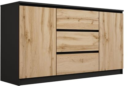 3xE Living Kommode mit 3 Schubladen und Zwei Türen, Farbe: Schwarz/Wotan Eiche, A: 140 x 79 x 39 cm