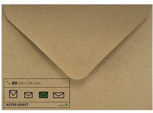 Netuno 500 Kraftpapier Umschläge Naturbraun DIN B6 125 x 175 mm 100g Aster Kraft elegante Briefumschläge Recycling Briefhüllen Natur Papier Vintage Briefkuverts Braun edel Öko-Papier Umschläge Umwelt