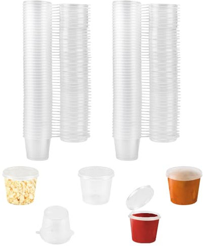 LPAMABA 100 Pièces Pots à Sauce en Plastique avec Couvercle 25ml Boîte à Sauce Transparente Boîtes de Alimentaires récipients à emporter pourles Sauces les Condiments les Crèmes, Passe au Micro ondes