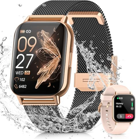 BANLVS Smartwatch Damen mit Telefonfunktion/Bluetooth Anrufe 5.3, Armbanduhr Menstruationszyklus, Pulsuhr, Schlafmonitor, SpO2, IP68 Wasserdicht Schrittzähler Fitness Tracker iOS Android Schwarz Gold