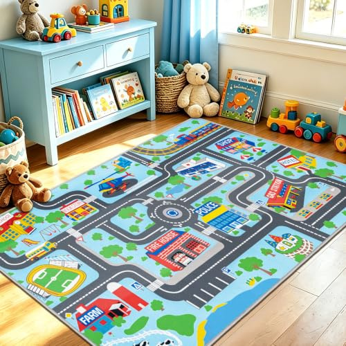 Capslpad Kinder-Spielteppich, Stadt, Straße, 100 x 160 cm, rutschfest, Kinderteppich, Spielmatte, maschinenwaschbar, Trainingsmatte, Kurzflor-Teppich, Lernbereich, Teppich für Kinderzimmer