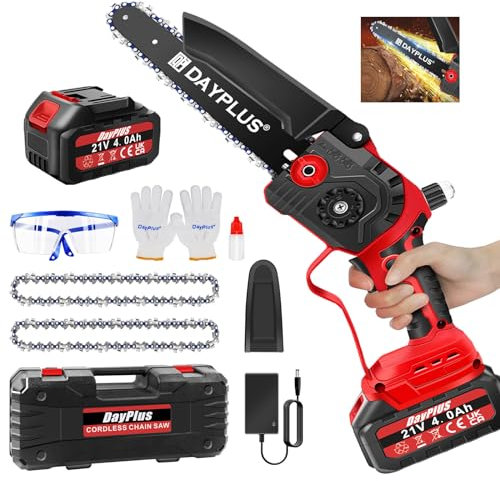 Mini Chainsaw 8 Inch, Cordless Chainsaw Brushless with 4000mAh Battery and Fast Charger, 2 Chains, 10m/s Chain Speed Electric Power Chainsaw for Tree Branches, Courtyard, Household and Garden