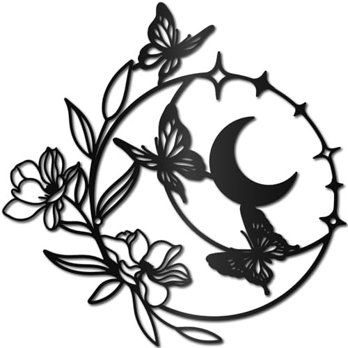 CREATCABIN Black Metal Wall Decor Round Flower Wall Art Butterflies Moon Wall Sculpture Hanging Wall Iron Artwork Decor Wall Signs Decoration for Indoor Outside Living Room Home 12 x 12Inch
