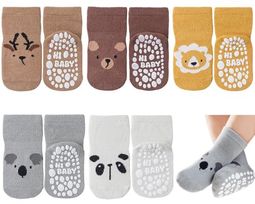 SockWaddles Chaussette Antiderapante Bébé Enfant – Lot de 5 Paires Chaussettes Bébé Coton Respirantes avec Semelle ABS, Motifs Animaux, pour Garçons et Filles, motif panda, 1-3 Jahre