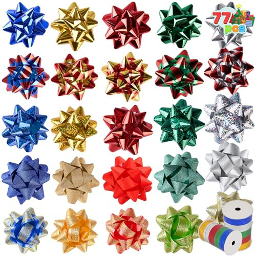 JOYIN 75 Stück Geschenkschleifen zum Verpacken von Geschenken und 10 Rollen Kräuselbänder zum Verpacken von Geschenken, 5 Farben Selbstklebende Weihnachtsschleifen in großen Mengen, Dekoration