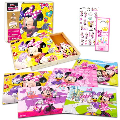 Minnie Mouse Holzpuzzle 5er Pack - Minnie Mouse Holzpuzzles Bundle mit Halteschale plus Minnie Aufkleber und mehr | Minnie Mouse Puzzles für Kinder, Mädchen