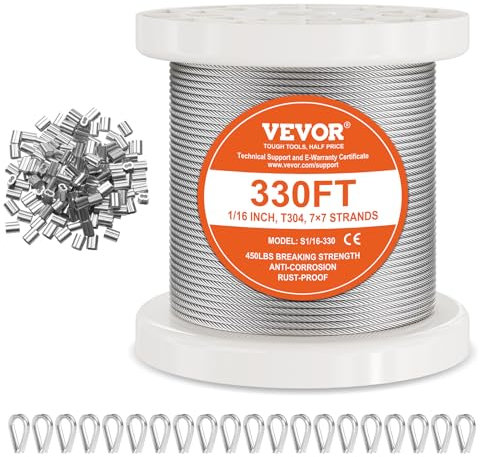 VEVOR Câble Acier Inoxydable, 1,59 mm x 100,6 m, Câble Métallique Inox 304 Tressé 7x7 Qualité Aéronautique Marine avec Manchons, Cosses, Résistance de Rupture 2 kN, pour Garde-corps, Clôture, Rampe