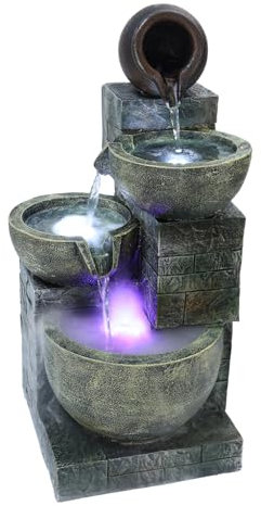 Makamsui 23.6 4-Tiers Cascading Rock Water Fountain Outdoor Garden Waterfall Decor for Garden, Outside Cascading Bowls and Stacked Stones Patio Water Features Fountain with LED Light and Atomizer Wh