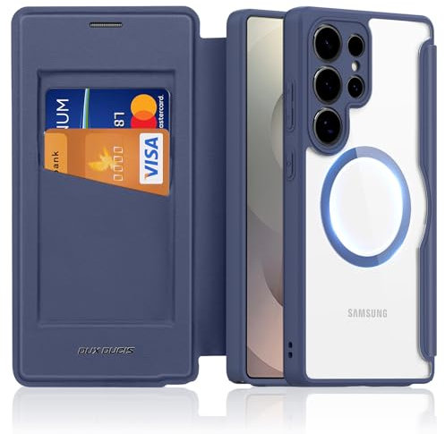 DUX DUCIS Magnetische Hülle für Samsung Galaxy S25 Ultra Kompatibel mit MagSafe, Anti-Kratzer Leder Flip Case Klapphülle [RFID Blocker][Kartenfächer] Stoßfeste Handyhülle für S25 Ultra(Blau)