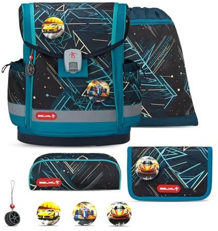 Belmil Classy Plus Schulranzen Set 5-teilig mit Brustgurt (405-78/AG/S) (Racing Car Blue)
