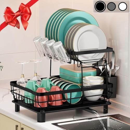 SPUSEN Dish Drainer Rack, 2 Tier Space-Saving, Stainless Steel, Dish Rack for Kitchen Counter, Dish Drainer with Removable Utensil Holder, Drainboard, Black