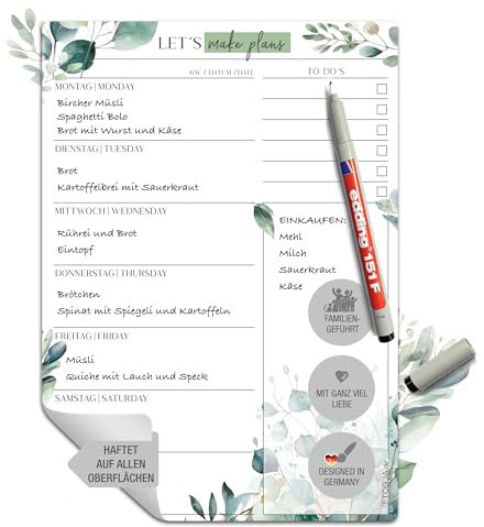 TOBJA Essensplaner Woche abwischbar inkl. Markenstift | Haftet auf allen Oberflächen, wieder ablösbar | Wiederverwendbarer Menüplaner, Speiseplan, Meal Planner (inkl. Markenstift)