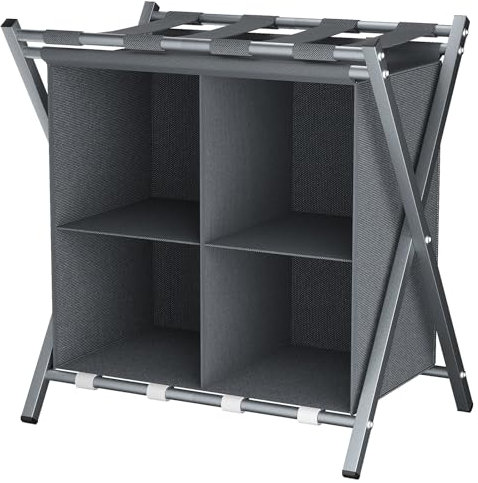 Huhote Luggage Rack with Storage, Metal Folding Suitcase Stand Portable Luggage Racks for bedroom,2 Tier Suitcase Luggage Travel Chest Storage Stand for Home Bedroom,1x Grey