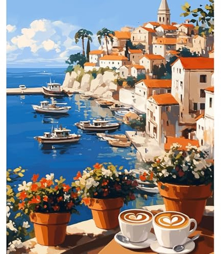 NEWENMO Village Côtier Pittoresque Peinture par Numero Adulte,Bateau et Fleurs Peinture Numero,Paint by Numbers,DIY Peinture à l'huile,Acryliques Bricolage Peintures Kits,pour Décor Maison 40x50cm