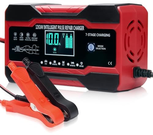 10-Amp Car Battery Charger, 12V/24V Smart Fully Automatic Battery Maintainer Charger with 7-Stage Charging and LCD Screen, Pulse Repair for Lead Acid, AGM, GEL, SLA, WET Batteries