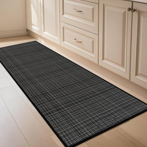 KMVIZI Küchenteppich Waschbar rutschfest 45x120cm, Jute Teppich Läufer, Küchenläufer Moderne Design, Läufer Küche Schmutzfangmatte Küche und im Esszimmer Rückseite aus Naturkautschuk, Schwarz