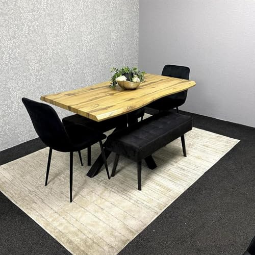 KOSY KOALA Wooden Dining Table with 2 Black Velvet Chairs and Black Padded Benches, Dining Room Furniture
