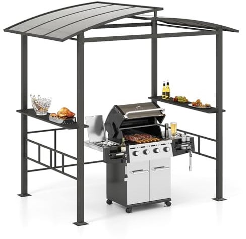 COSTWAY Hardtop Grill Gazebo, Outdoor BBQ Shelter with Vented Roof, Side Shelves & Hooks, 2.5 x 1.5 m Metal Frame Double Tiered Grill Canopy Pavilion for Garden Patio Party