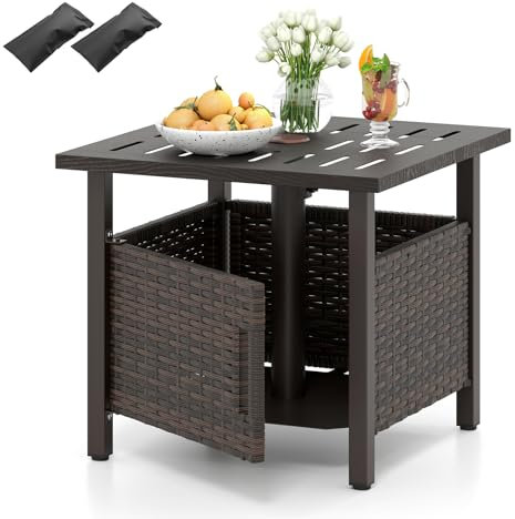 COSTWAY Tavolino da Esterno con Foro per Ombrellone da 4,9 cm, Tavolo da Patio in Rattan PE, Tavolino Laterale per Giardino, Terrazza e Bordo Piscina, Portata 120 kg