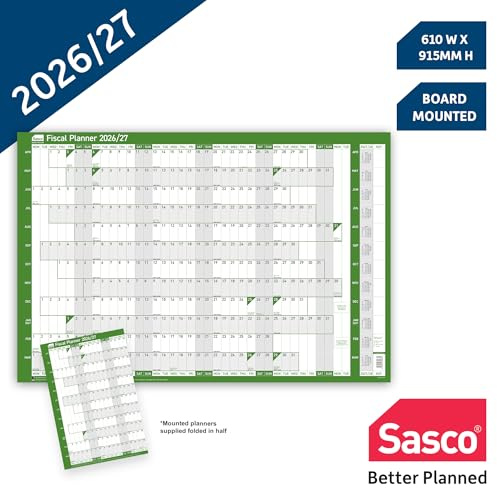 Sasco 2026/27 Fiscal Wall Planner, Board Mounted Year Calendar with Wet Wipe Pen and Stickers, 91.5x61cm, Green