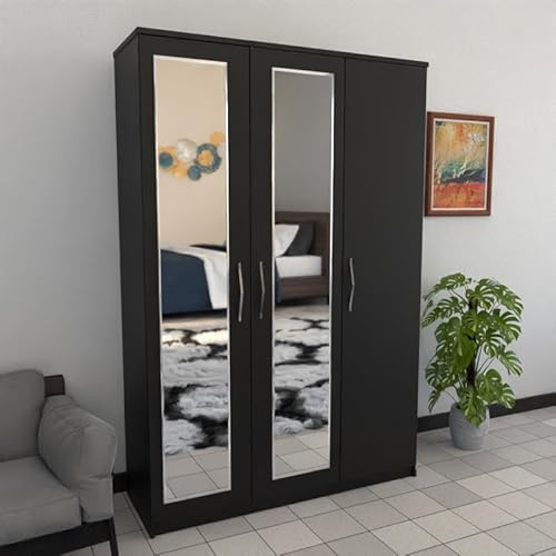 Fully Assembled Wardobe, 3 Door wardrobe, Mirrored 116cm (Black)