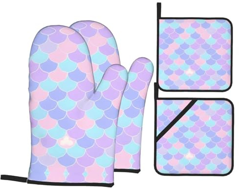 Mermaid tattoo Oven gloves and heat-resistant mat 4-piece set. Suitable for grilling, microwave oven frying, and baking