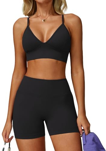 JTSONN Sport Set Damen Gerippte GYM Set Sport Outfit Strappy Yoga Workout Fitness Set Bekleidung V-Ausschnitt Rückenfrei Sport BH Kombiniert Scrunch Yoga Shorts Nahtloses Sportkleidung Zweiteilige